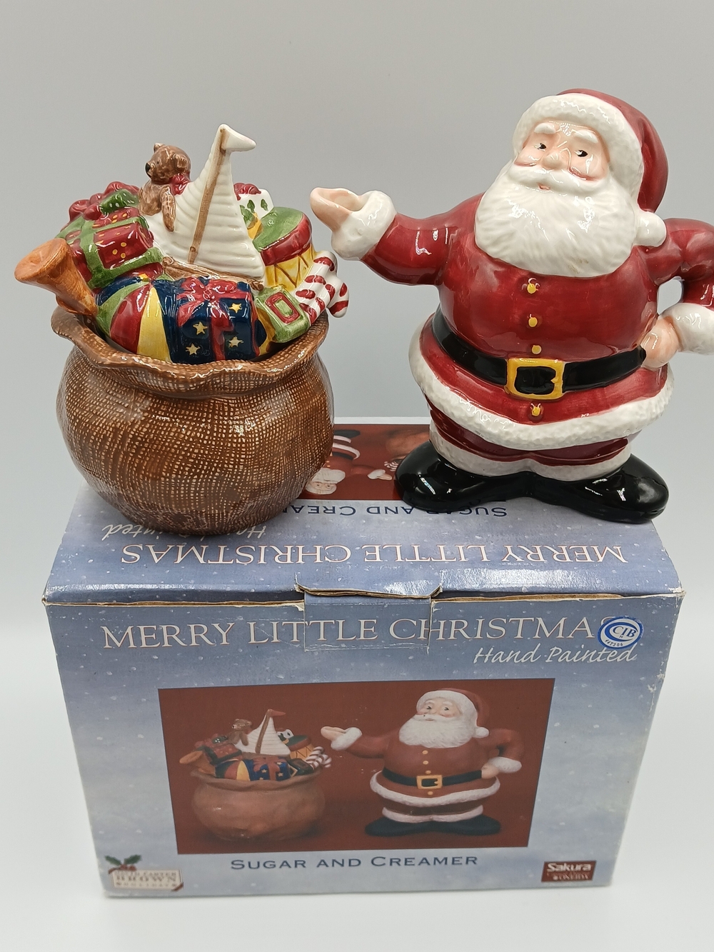 Vtg Sakura David Carter Brown Merry Little Christmas Santa Sugar & Creamer Set